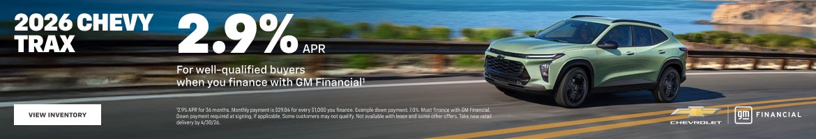 2026 Chevy Trax. 2.9% APR For well-qualified buyers when you finance with GM Financial.